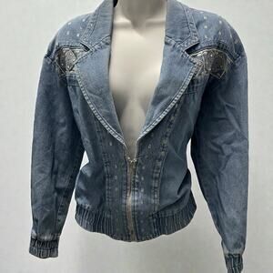 Vintage City Girl Petites Denim Jacket Embroidered Western Style Zip Front